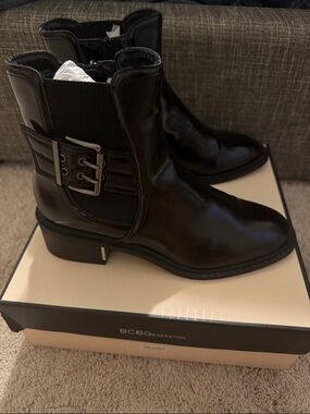 BCBGeneration Black Leather Buckle Ankle Boots with Side Strap